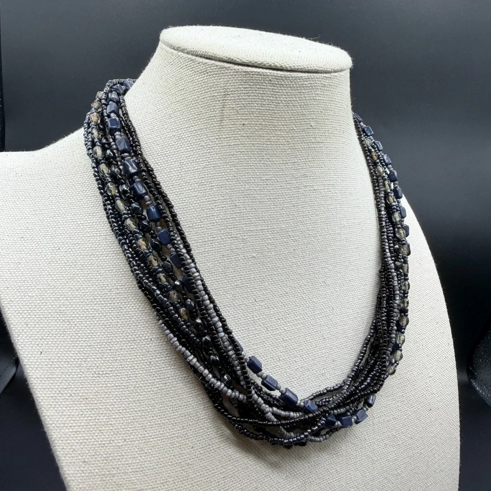 Multi Strand Black Gray Blue Beaded Statement Necklace Layered Boho AdjustableMu